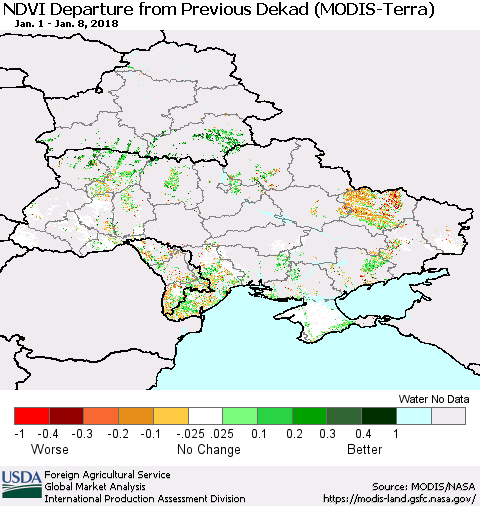 Ukraine, Moldova and Belarus NDVI Departure from Previous Dekad (Terra-MODIS) Thematic Map For 1/1/2018 - 1/10/2018