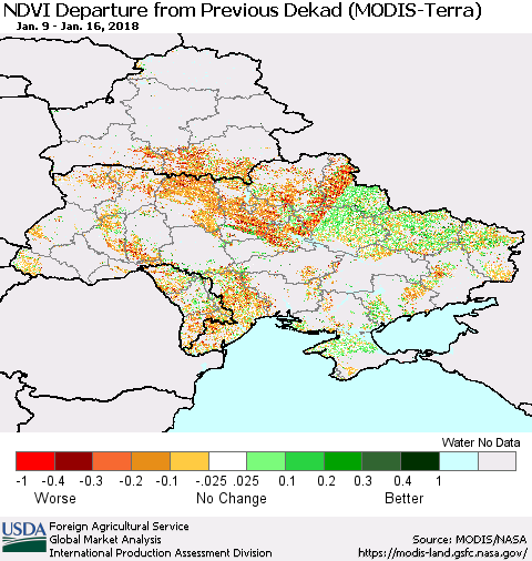 Ukraine, Moldova and Belarus NDVI Departure from Previous Dekad (Terra-MODIS) Thematic Map For 1/11/2018 - 1/20/2018