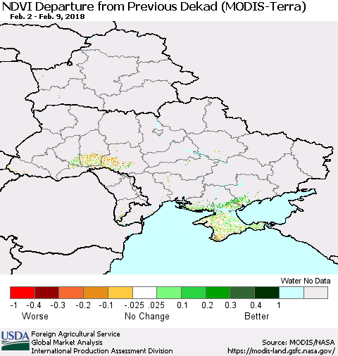 Ukraine, Moldova and Belarus NDVI Departure from Previous Dekad (Terra-MODIS) Thematic Map For 2/1/2018 - 2/10/2018