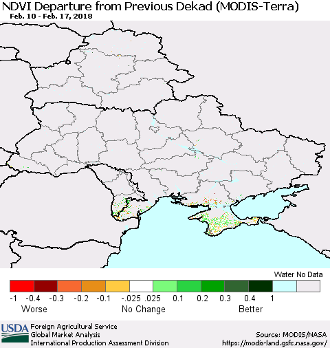 Ukraine, Moldova and Belarus NDVI Departure from Previous Dekad (Terra-MODIS) Thematic Map For 2/11/2018 - 2/20/2018
