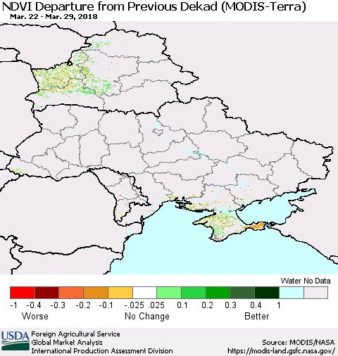 Ukraine, Moldova and Belarus NDVI Departure from Previous Dekad (Terra-MODIS) Thematic Map For 3/21/2018 - 3/31/2018