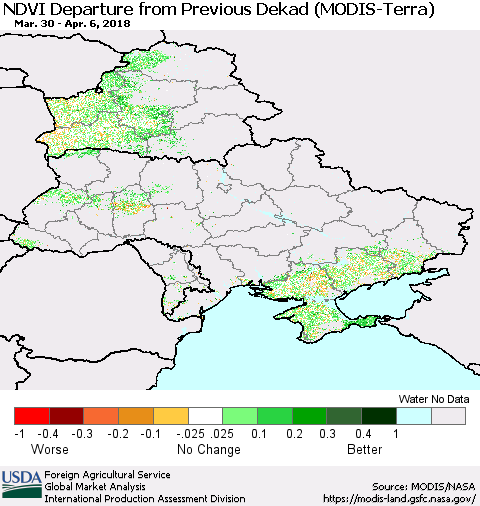 Ukraine, Moldova and Belarus NDVI Departure from Previous Dekad (Terra-MODIS) Thematic Map For 4/1/2018 - 4/10/2018
