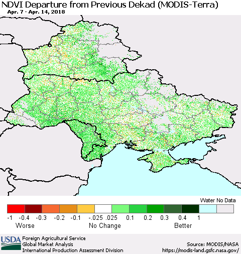 Ukraine, Moldova and Belarus NDVI Departure from Previous Dekad (Terra-MODIS) Thematic Map For 4/11/2018 - 4/20/2018