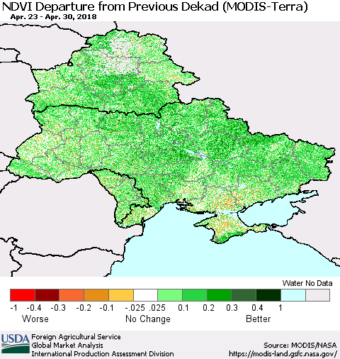 Ukraine, Moldova and Belarus NDVI Departure from Previous Dekad (Terra-MODIS) Thematic Map For 4/21/2018 - 4/30/2018