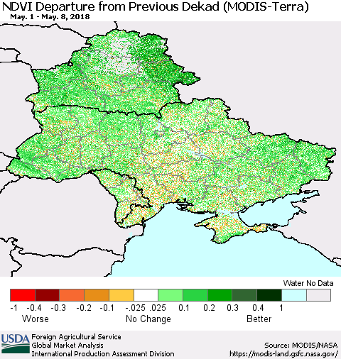 Ukraine, Moldova and Belarus NDVI Departure from Previous Dekad (Terra-MODIS) Thematic Map For 5/1/2018 - 5/10/2018