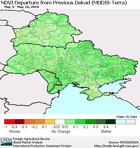 Ukraine, Moldova and Belarus NDVI Departure from Previous Dekad (Terra-MODIS) Thematic Map For 5/11/2018 - 5/20/2018