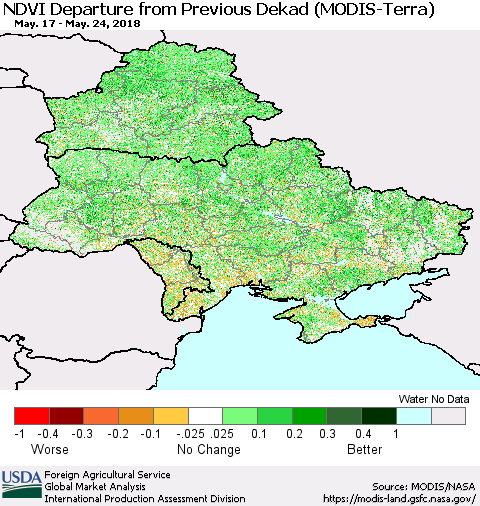 Ukraine, Moldova and Belarus NDVI Departure from Previous Dekad (Terra-MODIS) Thematic Map For 5/21/2018 - 5/31/2018