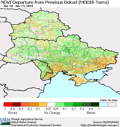 Ukraine, Moldova and Belarus NDVI Departure from Previous Dekad (Terra-MODIS) Thematic Map For 6/11/2018 - 6/20/2018