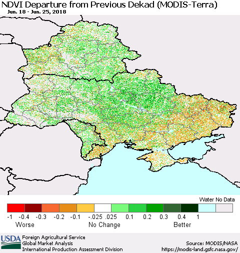 Ukraine, Moldova and Belarus NDVI Departure from Previous Dekad (Terra-MODIS) Thematic Map For 6/21/2018 - 6/30/2018