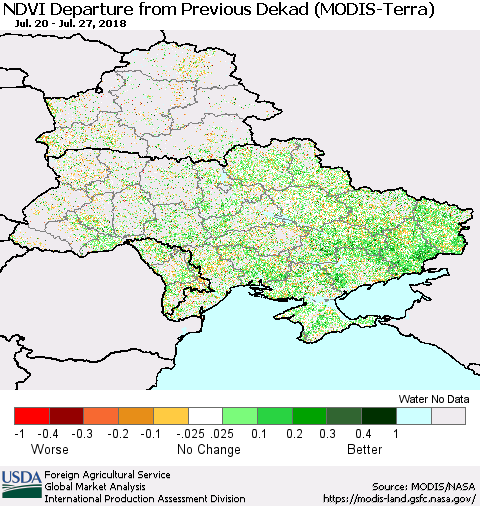 Ukraine, Moldova and Belarus NDVI Departure from Previous Dekad (Terra-MODIS) Thematic Map For 7/21/2018 - 7/31/2018