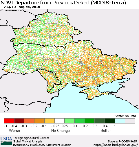 Ukraine, Moldova and Belarus NDVI Departure from Previous Dekad (Terra-MODIS) Thematic Map For 8/11/2018 - 8/20/2018