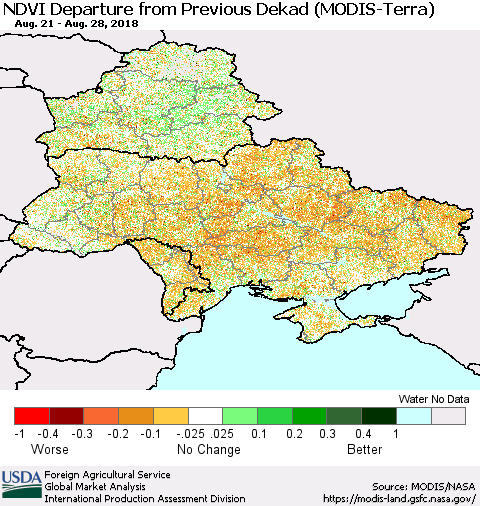 Ukraine, Moldova and Belarus NDVI Departure from Previous Dekad (Terra-MODIS) Thematic Map For 8/21/2018 - 8/31/2018
