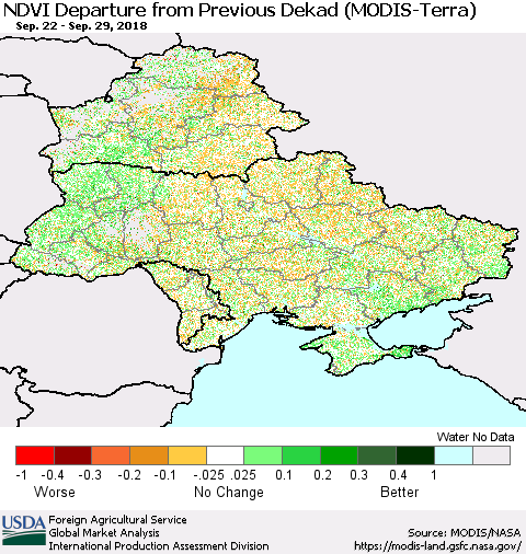 Ukraine, Moldova and Belarus NDVI Departure from Previous Dekad (Terra-MODIS) Thematic Map For 9/21/2018 - 9/30/2018
