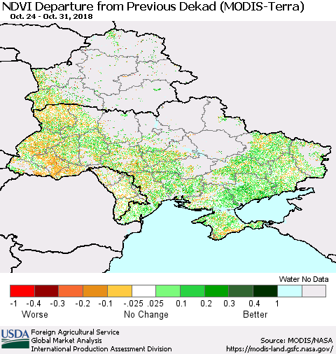 Ukraine, Moldova and Belarus NDVI Departure from Previous Dekad (Terra-MODIS) Thematic Map For 10/21/2018 - 10/31/2018