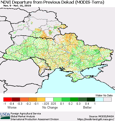 Ukraine, Moldova and Belarus NDVI Departure from Previous Dekad (Terra-MODIS) Thematic Map For 11/11/2018 - 11/20/2018