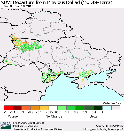 Ukraine, Moldova and Belarus NDVI Departure from Previous Dekad (Terra-MODIS) Thematic Map For 12/1/2018 - 12/10/2018
