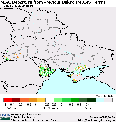 Ukraine, Moldova and Belarus NDVI Departure from Previous Dekad (Terra-MODIS) Thematic Map For 12/11/2018 - 12/20/2018
