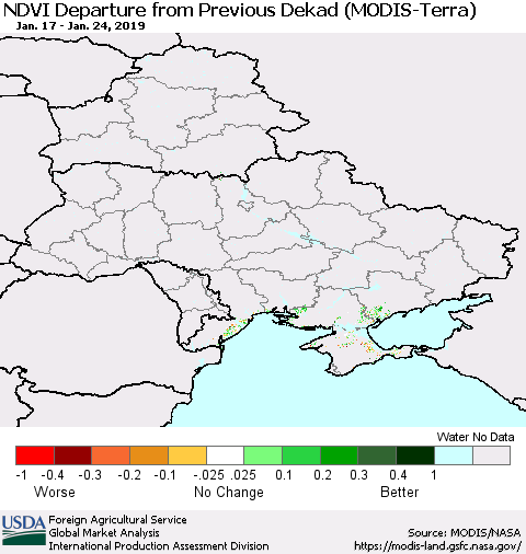 Ukraine, Moldova and Belarus NDVI Departure from Previous Dekad (Terra-MODIS) Thematic Map For 1/21/2019 - 1/31/2019
