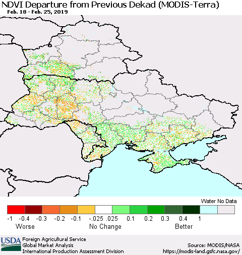 Ukraine, Moldova and Belarus NDVI Departure from Previous Dekad (Terra-MODIS) Thematic Map For 2/21/2019 - 2/28/2019