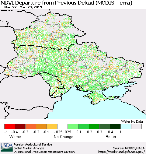 Ukraine, Moldova and Belarus NDVI Departure from Previous Dekad (Terra-MODIS) Thematic Map For 3/21/2019 - 3/31/2019