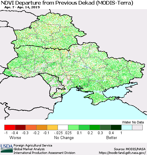 Ukraine, Moldova and Belarus NDVI Departure from Previous Dekad (Terra-MODIS) Thematic Map For 4/11/2019 - 4/20/2019