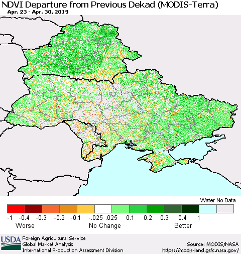 Ukraine, Moldova and Belarus NDVI Departure from Previous Dekad (Terra-MODIS) Thematic Map For 4/21/2019 - 4/30/2019