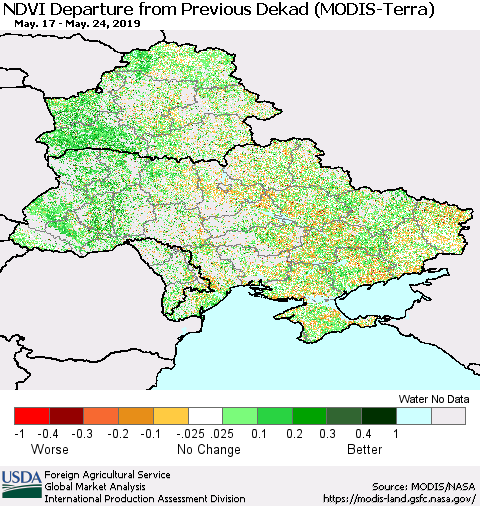 Ukraine, Moldova and Belarus NDVI Departure from Previous Dekad (Terra-MODIS) Thematic Map For 5/21/2019 - 5/31/2019