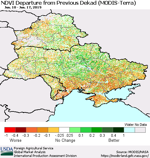 Ukraine, Moldova and Belarus NDVI Departure from Previous Dekad (Terra-MODIS) Thematic Map For 6/11/2019 - 6/20/2019