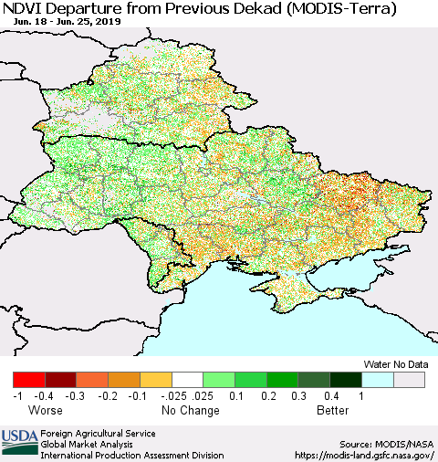 Ukraine, Moldova and Belarus NDVI Departure from Previous Dekad (Terra-MODIS) Thematic Map For 6/21/2019 - 6/30/2019