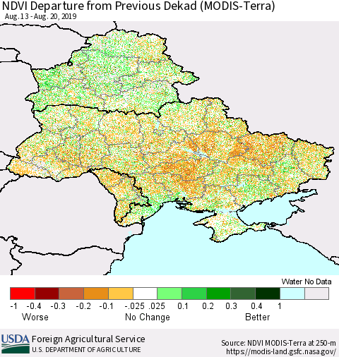 Ukraine, Moldova and Belarus NDVI Departure from Previous Dekad (Terra-MODIS) Thematic Map For 8/11/2019 - 8/20/2019