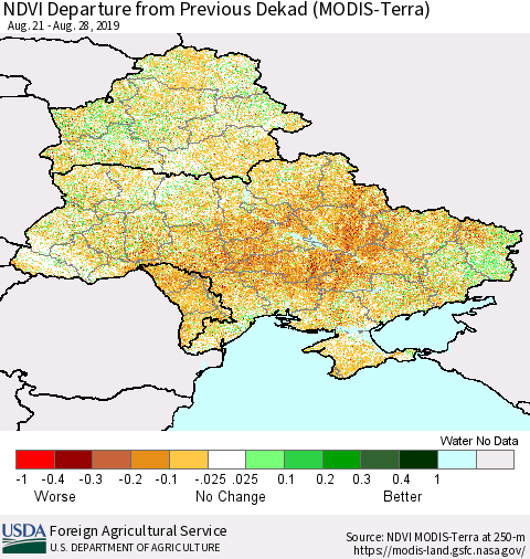 Ukraine, Moldova and Belarus NDVI Departure from Previous Dekad (Terra-MODIS) Thematic Map For 8/21/2019 - 8/31/2019