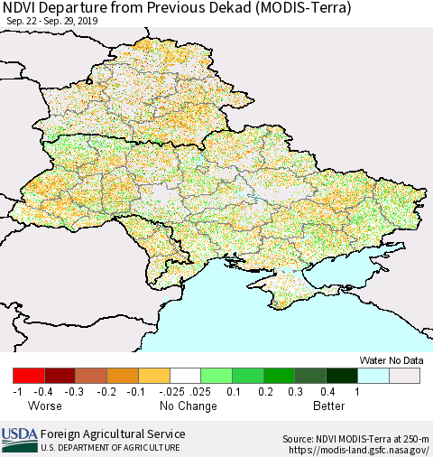 Ukraine, Moldova and Belarus NDVI Departure from Previous Dekad (Terra-MODIS) Thematic Map For 9/21/2019 - 9/30/2019