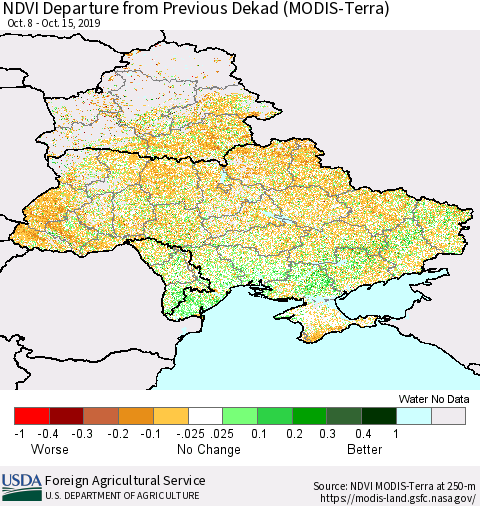 Ukraine, Moldova and Belarus NDVI Departure from Previous Dekad (Terra-MODIS) Thematic Map For 10/11/2019 - 10/20/2019
