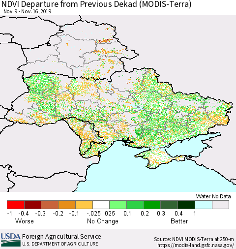 Ukraine, Moldova and Belarus NDVI Departure from Previous Dekad (Terra-MODIS) Thematic Map For 11/11/2019 - 11/20/2019