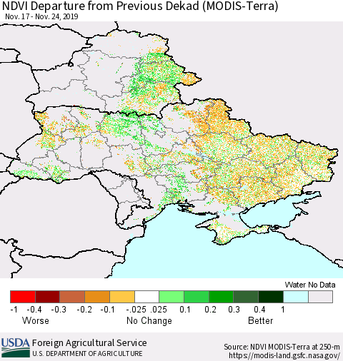 Ukraine, Moldova and Belarus NDVI Departure from Previous Dekad (Terra-MODIS) Thematic Map For 11/21/2019 - 11/30/2019