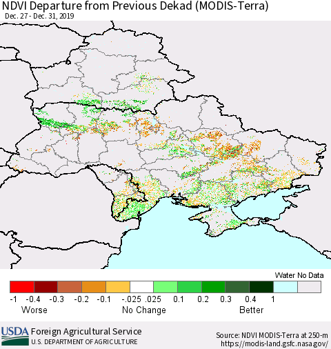Ukraine, Moldova and Belarus NDVI Departure from Previous Dekad (Terra-MODIS) Thematic Map For 12/21/2019 - 12/31/2019