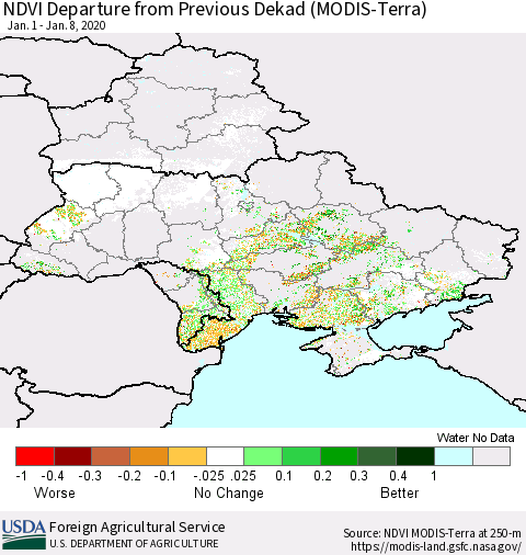 Ukraine, Moldova and Belarus NDVI Departure from Previous Dekad (Terra-MODIS) Thematic Map For 1/1/2020 - 1/10/2020