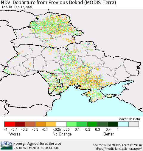 Ukraine, Moldova and Belarus NDVI Departure from Previous Dekad (Terra-MODIS) Thematic Map For 2/11/2020 - 2/20/2020