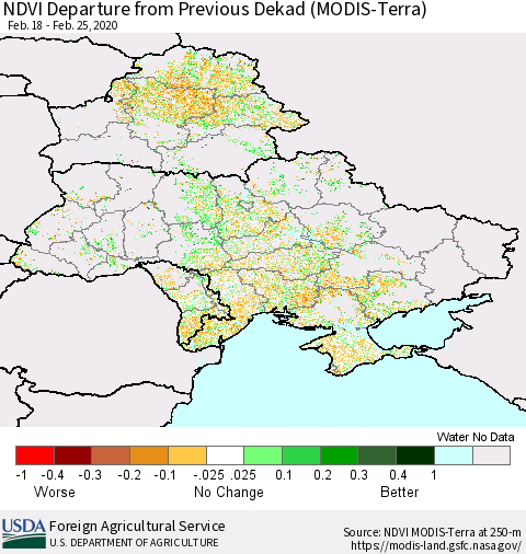 Ukraine, Moldova and Belarus NDVI Departure from Previous Dekad (Terra-MODIS) Thematic Map For 2/21/2020 - 2/29/2020