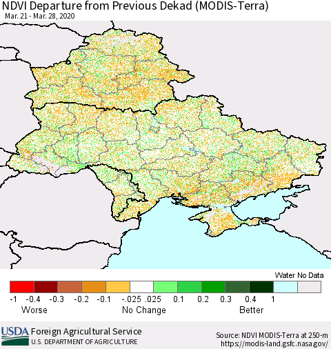 Ukraine, Moldova and Belarus NDVI Departure from Previous Dekad (Terra-MODIS) Thematic Map For 3/21/2020 - 3/31/2020