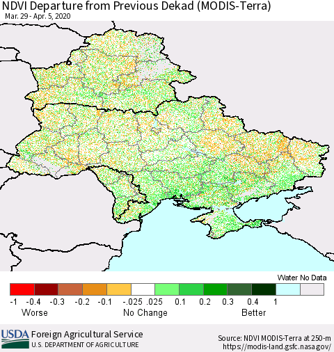 Ukraine, Moldova and Belarus NDVI Departure from Previous Dekad (Terra-MODIS) Thematic Map For 4/1/2020 - 4/10/2020