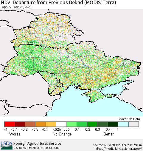 Ukraine, Moldova and Belarus NDVI Departure from Previous Dekad (Terra-MODIS) Thematic Map For 4/21/2020 - 4/30/2020