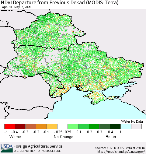 Ukraine, Moldova and Belarus NDVI Departure from Previous Dekad (Terra-MODIS) Thematic Map For 5/1/2020 - 5/10/2020