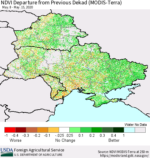 Ukraine, Moldova and Belarus NDVI Departure from Previous Dekad (Terra-MODIS) Thematic Map For 5/11/2020 - 5/20/2020