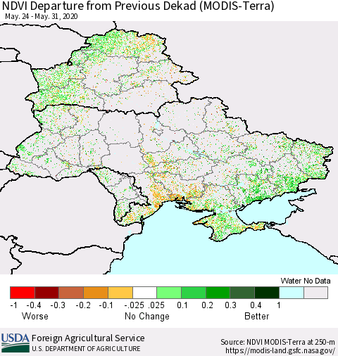 Ukraine, Moldova and Belarus NDVI Departure from Previous Dekad (Terra-MODIS) Thematic Map For 5/21/2020 - 5/31/2020