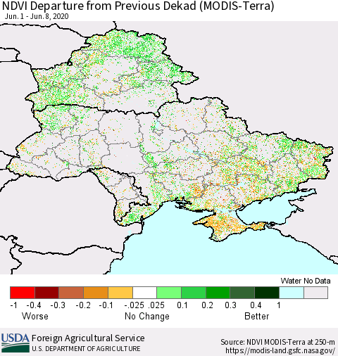 Ukraine, Moldova and Belarus NDVI Departure from Previous Dekad (Terra-MODIS) Thematic Map For 6/1/2020 - 6/10/2020