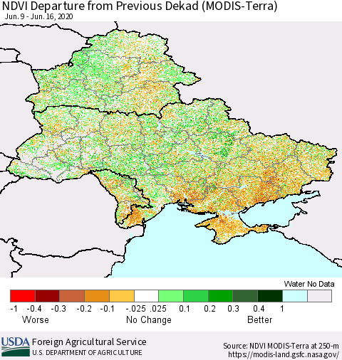 Ukraine, Moldova and Belarus NDVI Departure from Previous Dekad (Terra-MODIS) Thematic Map For 6/11/2020 - 6/20/2020