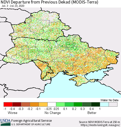 Ukraine, Moldova and Belarus NDVI Departure from Previous Dekad (Terra-MODIS) Thematic Map For 7/1/2020 - 7/10/2020