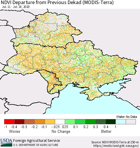 Ukraine, Moldova and Belarus NDVI Departure from Previous Dekad (Terra-MODIS) Thematic Map For 7/11/2020 - 7/20/2020