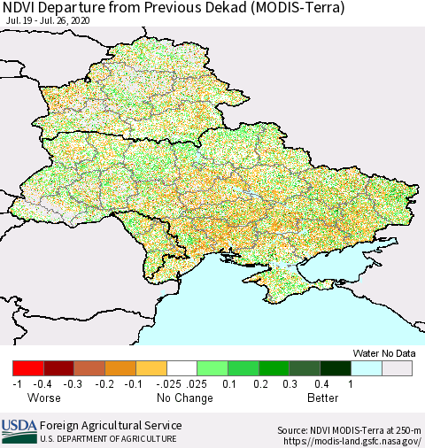 Ukraine, Moldova and Belarus NDVI Departure from Previous Dekad (Terra-MODIS) Thematic Map For 7/21/2020 - 7/31/2020